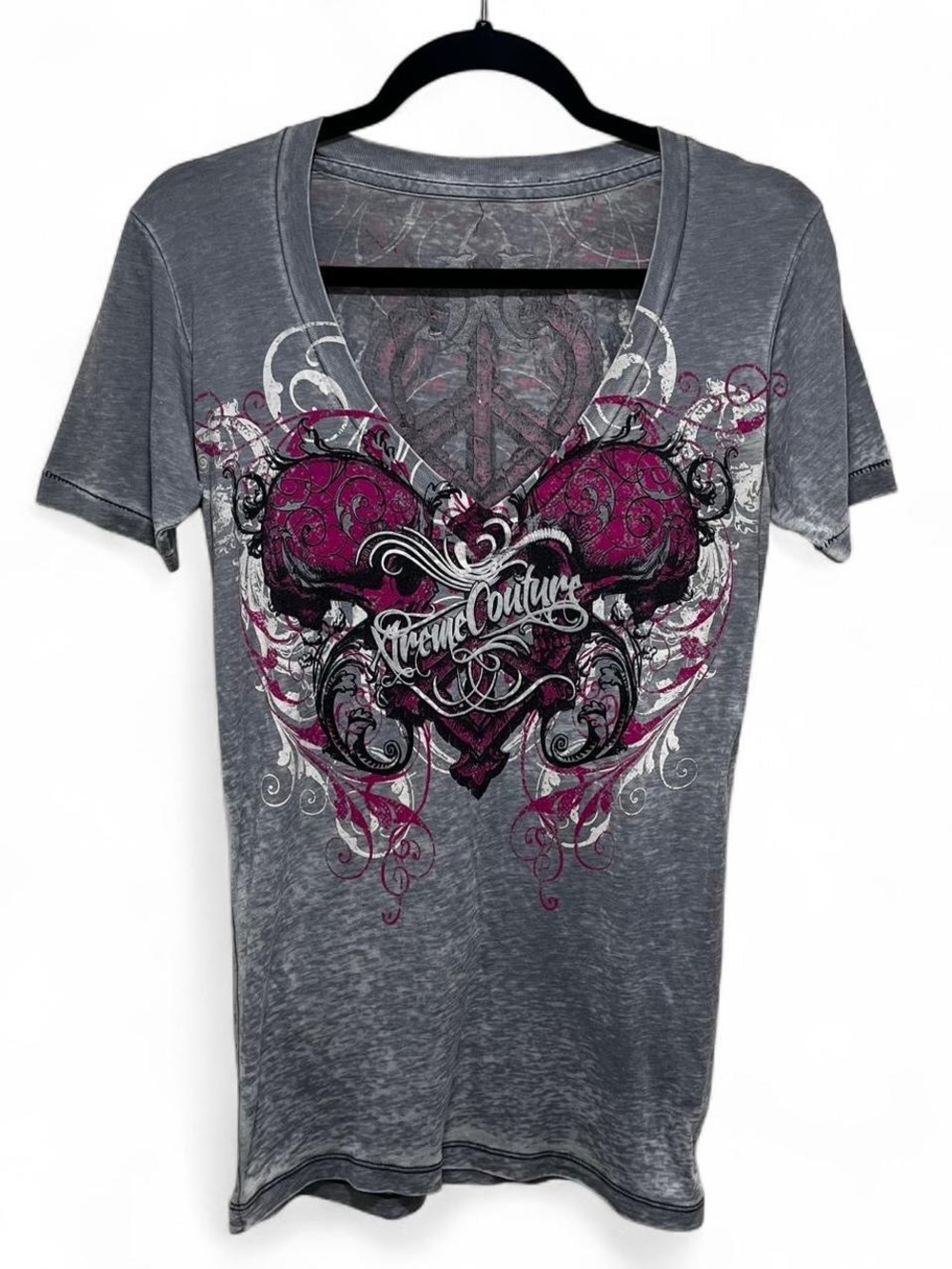 Xtreme Couture Women's Gray V-Neck Tee with Pink Heart Graphic